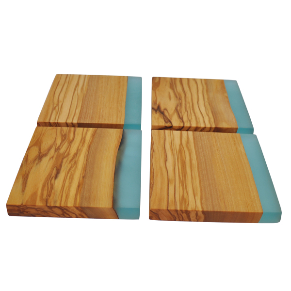 Olive Wood Square Coasters with Resin Edge