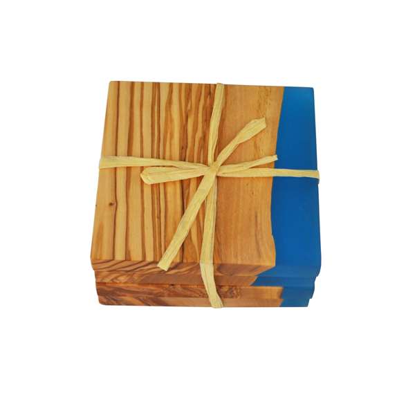 Square Olive Wood Coasters with Blue Resin Shoreline