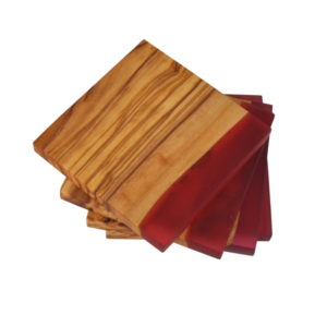 Square Olive Wood Coasters with Magenta Resin Shoreline Edge