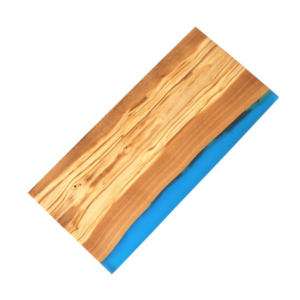 Olive Wood Rectangle Cutting Board with Blue Resin Shoreline Edge