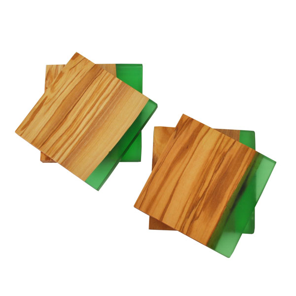 Olive Wood Square Coasters with Green Resin