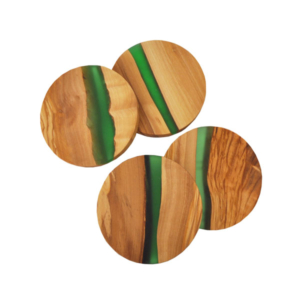 Olive Wood Round Coasters with Green Resin