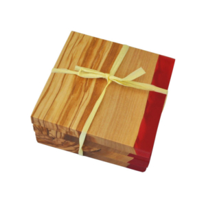 Olive Wood Square Coasters with Red Resin Shoreline