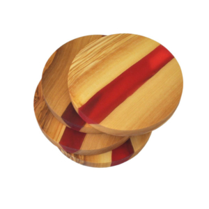 Olive Wood Round Coasters with River of Red Resin