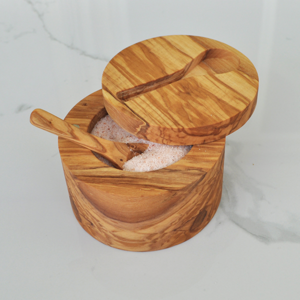 Olive Wood Salt Cellar (large) with Inset Spoon Naturally Med