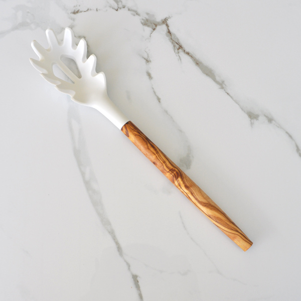 Silicone Spaghetti Server (White) with Olive Wood Handle 12