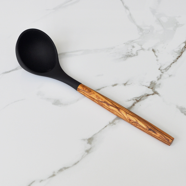 naturally med Silicone Ladle (Black) with Olive Wood Handle – 12″